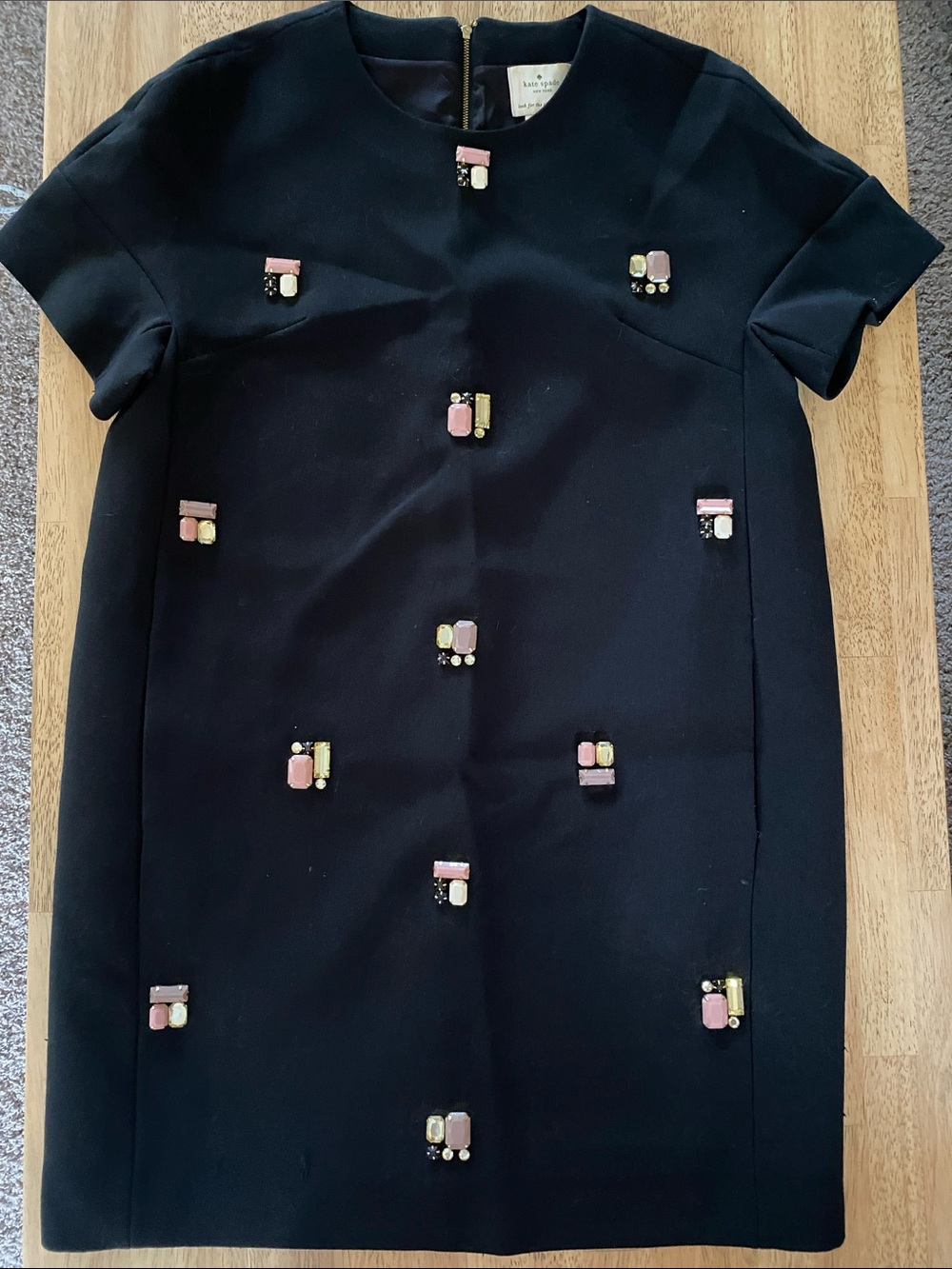 kate spade black shift dress with pink and gold embellishments